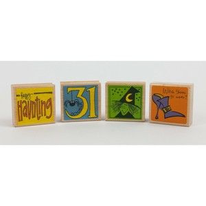 Lot of 4 Halloween Wood Back Crafting Rubber Stamps By Kolette Hall & Oogaloo